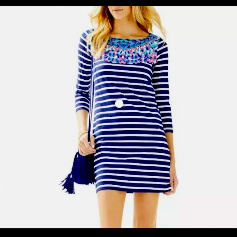 Lilly Pulitzer Med. Bay Dress in Island Medallion Stripe Navy 3/4 Sleeve Dress